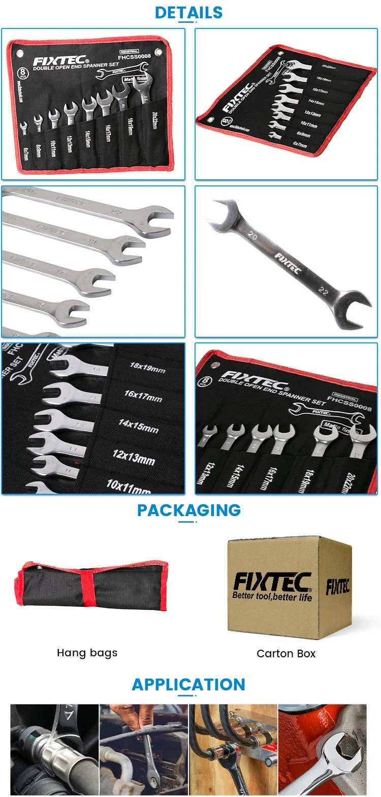 Fixtec 8PCS CRV Double Open End Spanner Set Hand Tools Wrench Set